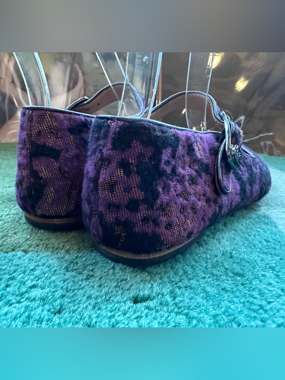 SOLD!! Fluevog Softly Pirouette purple floral wool silver buckle MJ flat- 7 - Picture 3 of 16